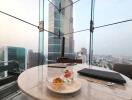 Modern dining table with a city view