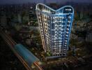 Night view of a modern high-rise residential building