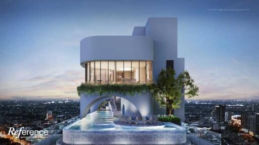 Modern building with rooftop infinity pool