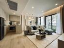 Modern open-concept living area with kitchen, living room, and dining space