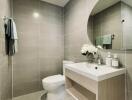 Modern bathroom with a floating vanity and large mirror