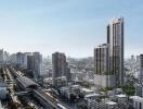 Aerial view of a high-rise building in a cityscape