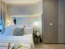 Modern bedroom with bed, closet, and decorative lighting