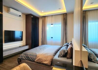 Modern bedroom with ambient lighting