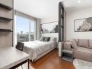 Modern bedroom interior with a view of the city