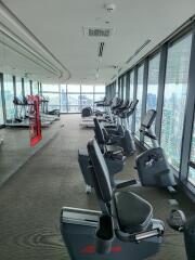 Modern gym with exercise equipment and city view