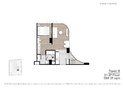 Floor plan of Tower B, 3rd to 8th Floor 1BR 39 sqm