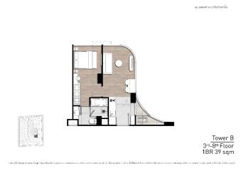 Floor plan of Tower B, 3rd to 8th Floor 1BR 39 sqm