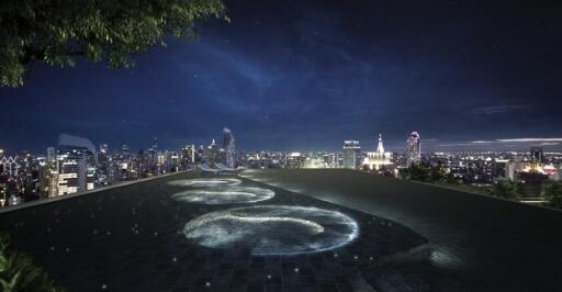 Rooftop terrace with cityscape view at night