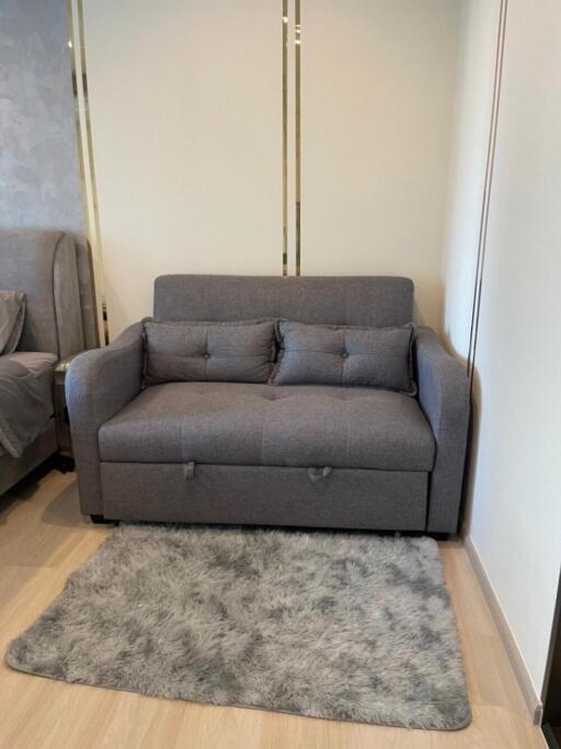 Small cozy sofa with grey cushions and a fluffy rug