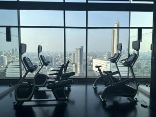 Modern gym with city skyline view