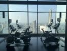 Modern gym with city skyline view