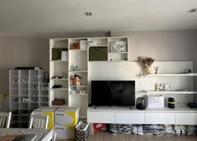 Modern living room with shelving unit