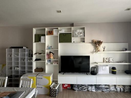 Modern living room with shelving unit