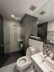 Modern bathroom with glass shower and large mirror