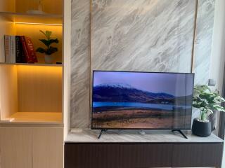 Living room with TV, bookshelf, and decorative elements