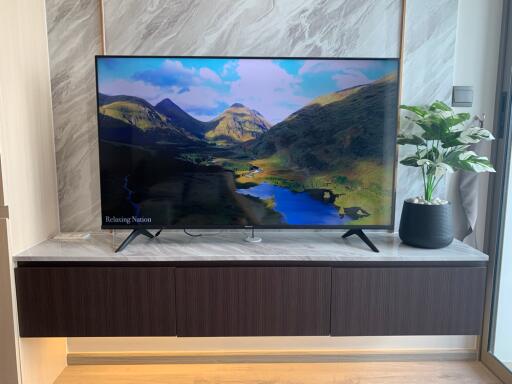 Modern living room with a wall-mounted TV and a decorative plant on a floating cabinet