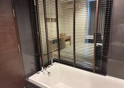 Modern bathroom with bathtub and privacy blinds