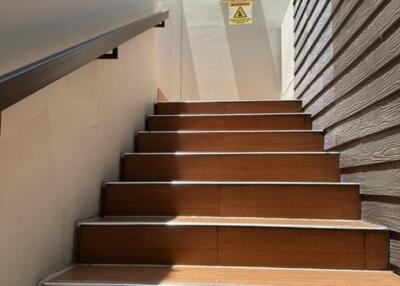 Outdoor staircase with brown steps leading to a door