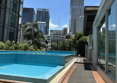 A rooftop pool with a view of skyscrapers