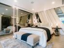 Modern and cozy bedroom with mirrors and elegant decor