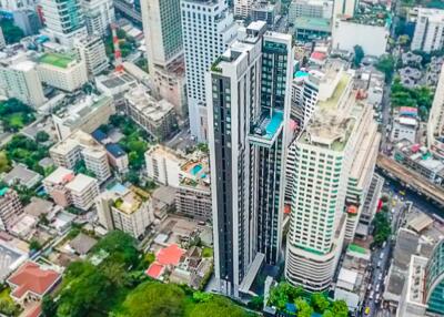 Aerial view of a city with multiple high-rise buildings