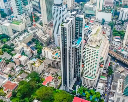 Aerial view of a city with multiple high-rise buildings