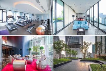 Collage of gym, living room, lounge, and rooftop garden