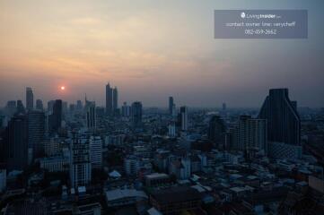 City skyline at sunset from a high-rise balcony