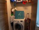 Small laundry room with washing machine and shelves