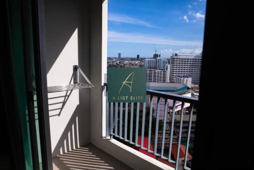 Balcony with city skyline view