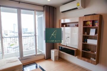 Modern living room with balcony view and mounted shelves