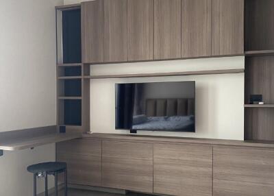 Living room with built-in wooden cabinets and TV