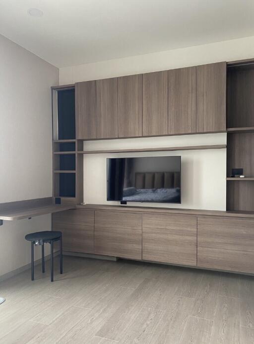 Living room with built-in wooden cabinets and TV