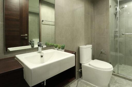 Modern bathroom with sink, toilet, and glass-enclosed shower