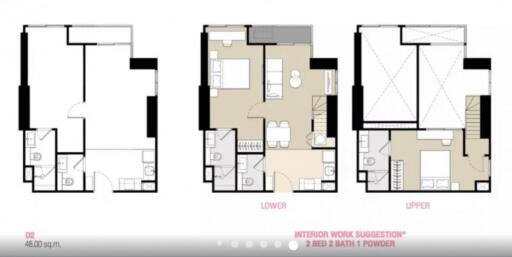 Floor Plans of a Two-Bedroom, Two-Bathroom Apartment with Powder Room