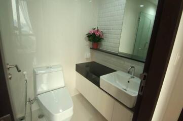 Modern bathroom with white toilet, sink, and decorative plant