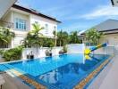 Outdoor swimming pool with surrounding buildings