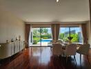 Modern living room with dining area and view of the pool