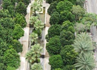 Aerial view of a landscaped garden with pathways and greenery