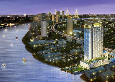 Skyline view featuring high-rise buildings along a river at dusk