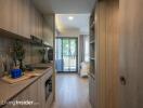 Modern kitchen with living area view