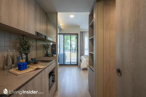 Modern kitchen with living area view