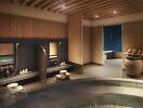 Luxurious residential spa with wooden decor and bath area