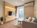 Modern living room with wooden paneling and large window