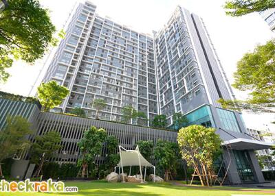 Modern high-rise residential building with landscaped garden