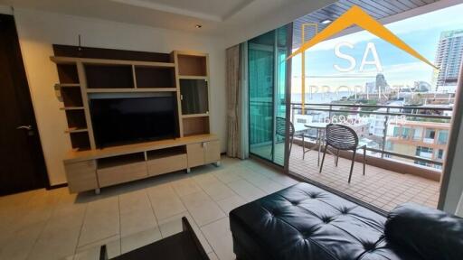 Modern living room with balcony and city view