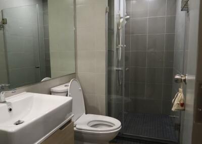 Modern bathroom with a glass-enclosed shower and large mirror