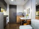 Compact kitchen and dining area with modern appliances and decor