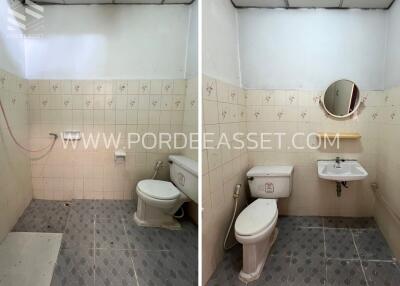 Two adjacent views of a bathroom with a toilet, sink, and tiled walls and floor.